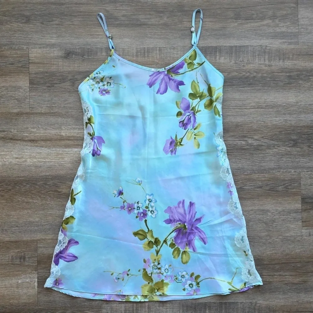 Secret Treasures Vintage Floral Satin Slip Dress and Robe Set Blue Purple Small